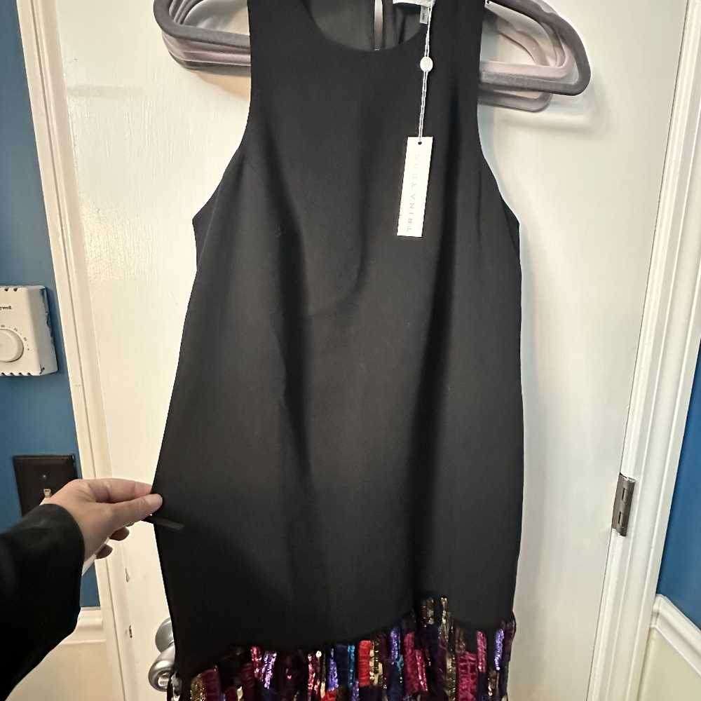Trina Turk Berry mini black dress with rainbow sequin hem size 4